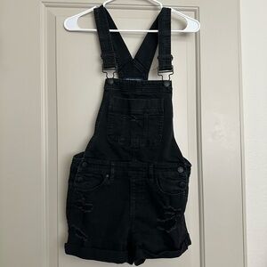 Women’s Distressed Black Jean Short Overalls
